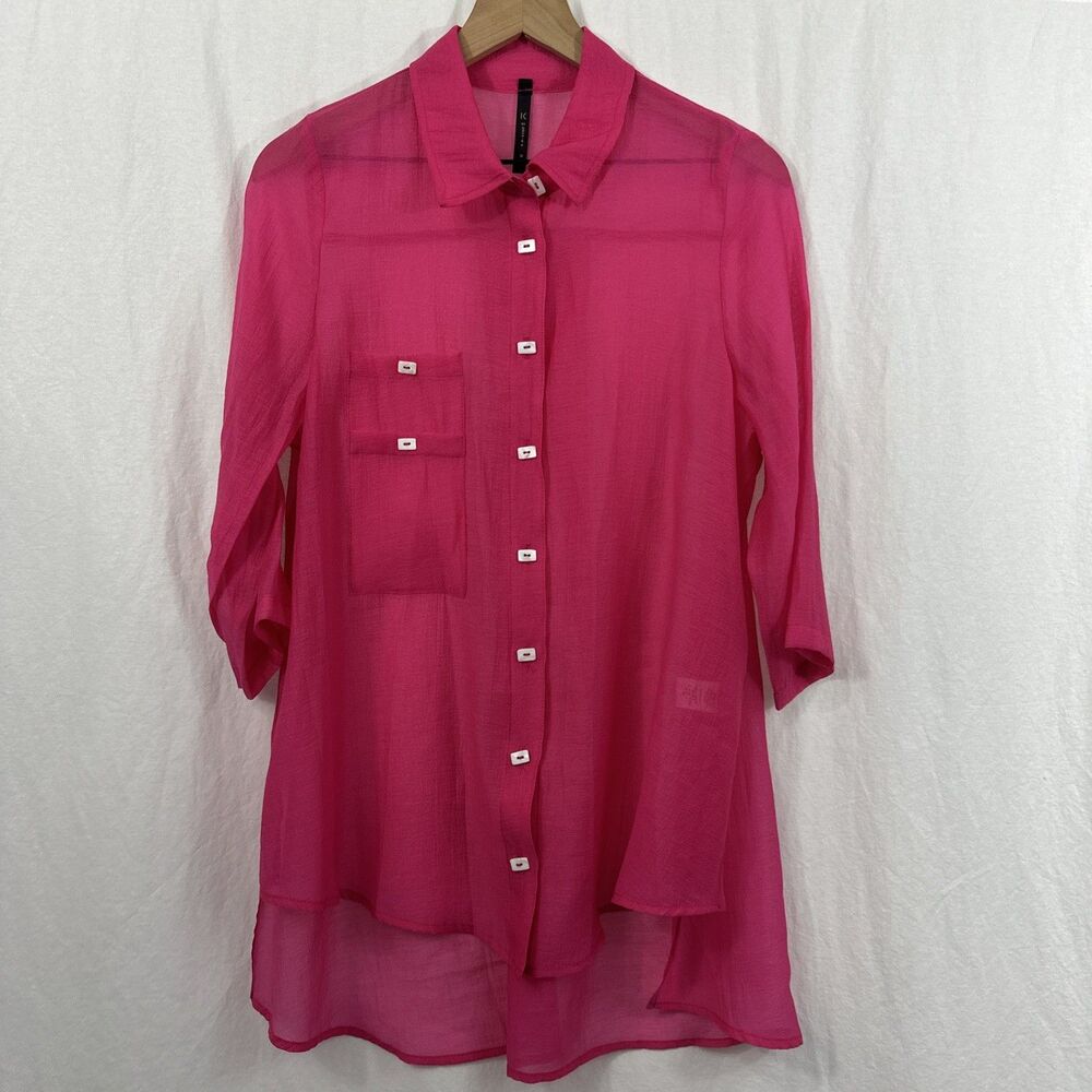 IC By Connie K Pink Sheer Button Artsy Lagenlook Tunic Top Womens Sz M USA